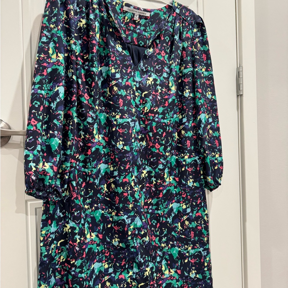 Collective Concepts Blue and Green Sheath Dress with Bishop Sleeves